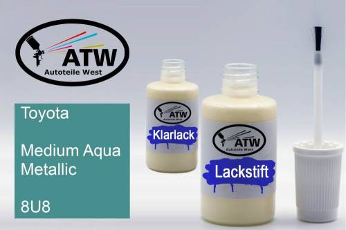 Toyota, Medium Aqua Metallic, 8U8: 20ml Lackstift + 20ml Klarlack - Set, von ATW Autoteile West.